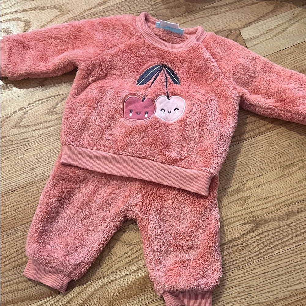 Pink Fuzzy Baby sweatsuit with Cherry Design